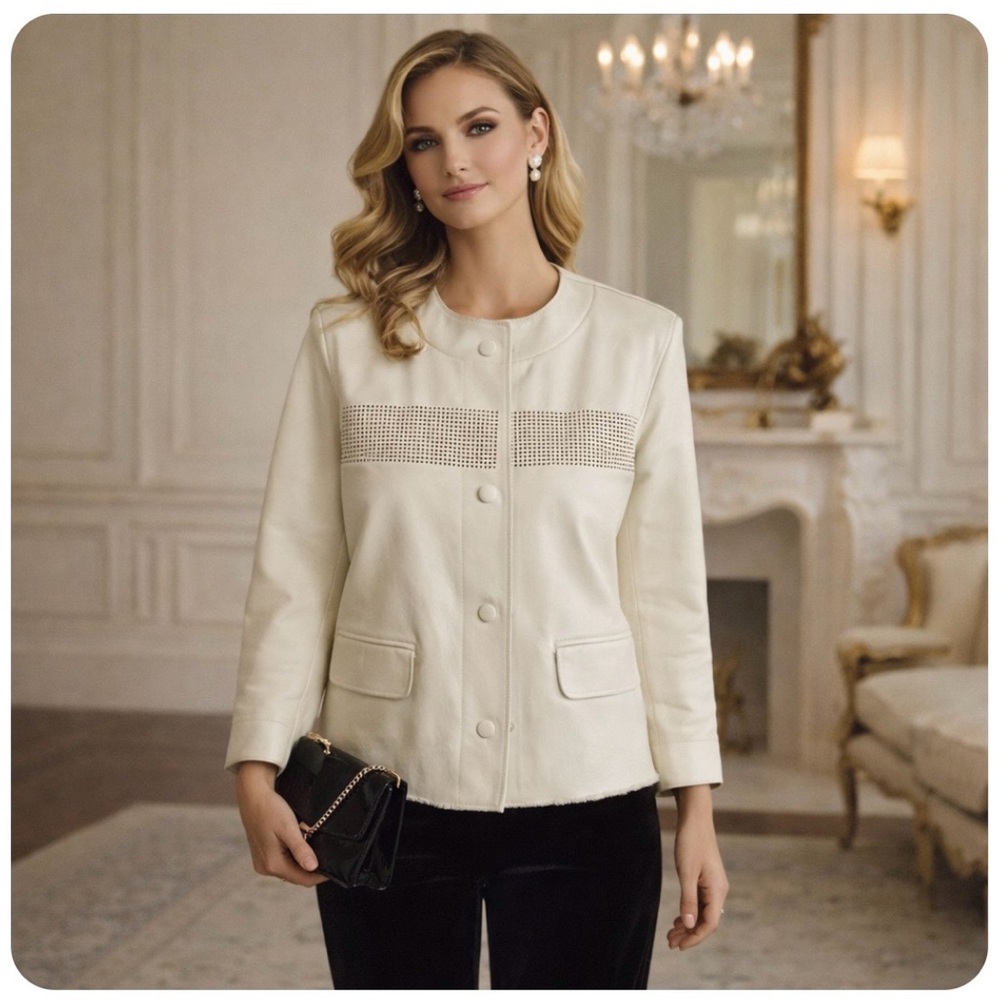 Gerard Darel Lamb Leather Jacket Ivory Ecru Perforated Paris FR 38 US 6 Designer